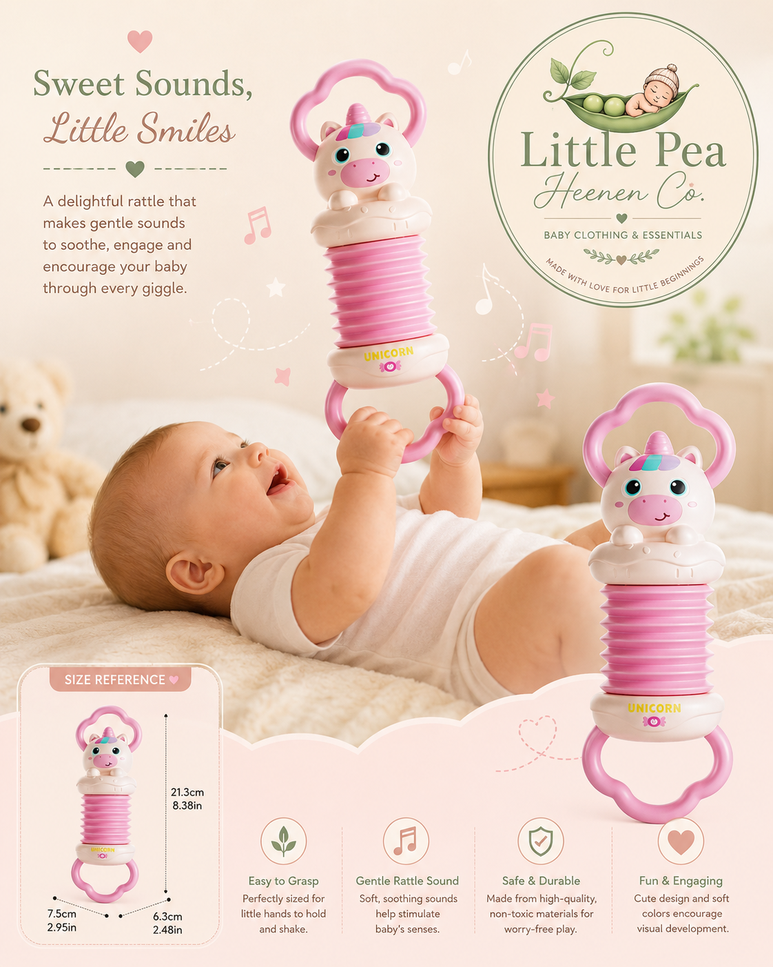 Unicorn Baby Rattle Toy — Pink