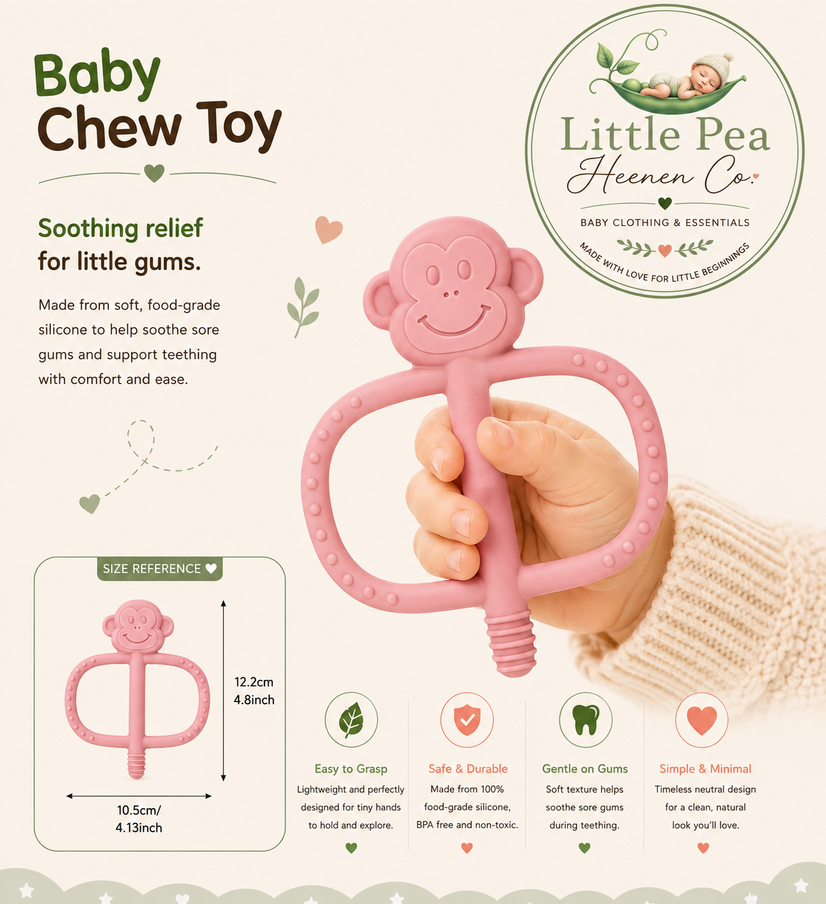 Monkey Baby Chew Toy / Silicone Teether — Pink